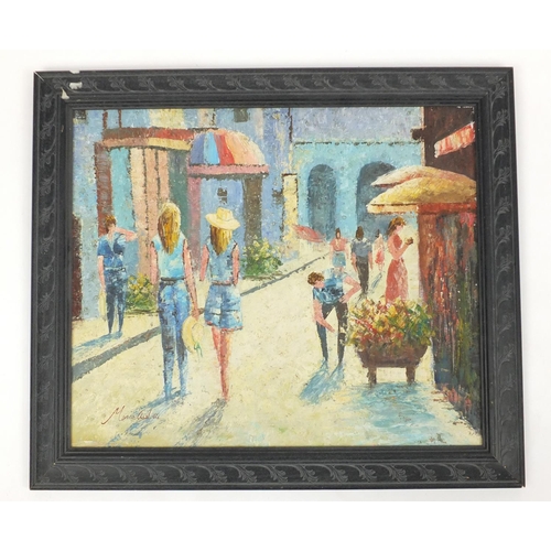 57 - Figures in a street, impressionist oil on canvas, bearing a signature Marie Charlotte, framed, 60cm ... 