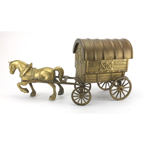 681 - Heavy brass model horse and cart, 55cm in length