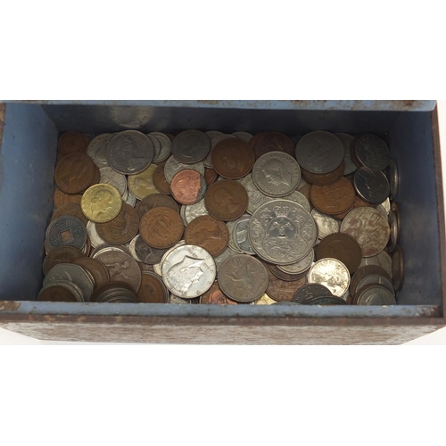 638 - Large selection of mostly British pre decimal coins and Commemorative crowns, with a cast iron fire ... 