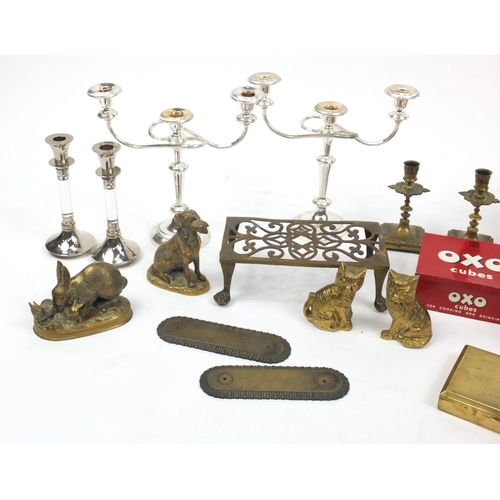 265 - Metalware including as enamel Coca Cola tray, candlesticks and silver plated rose bowl