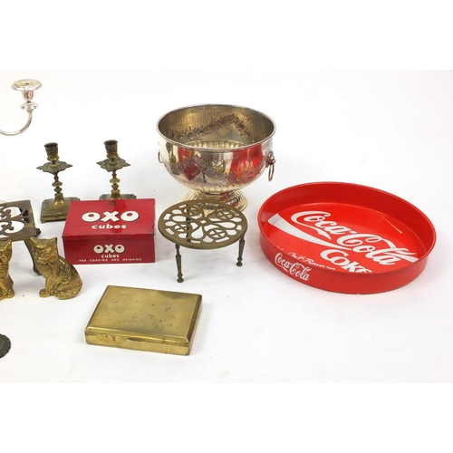 265 - Metalware including as enamel Coca Cola tray, candlesticks and silver plated rose bowl