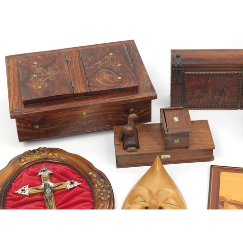 263 - Woodenware including Chinese root carving, inlaid panel and Corpus Christi