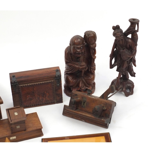 263 - Woodenware including Chinese root carving, inlaid panel and Corpus Christi