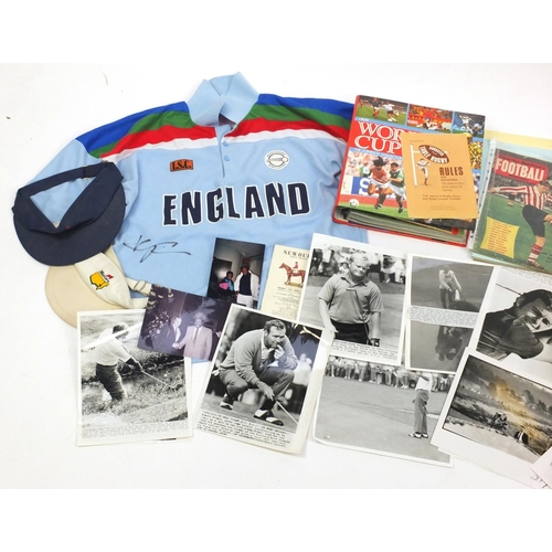 454 - Sport ephemera including press photographs, caps and an England cricket top signed by Kevin Peterson