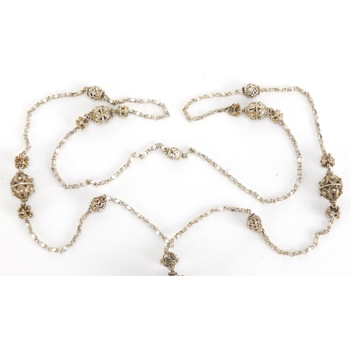 385 - Unmarked silver Filigree necklace, 80cm in length, approximate weight 44.2g