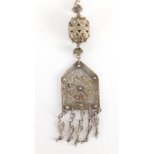 385 - Unmarked silver Filigree necklace, 80cm in length, approximate weight 44.2g