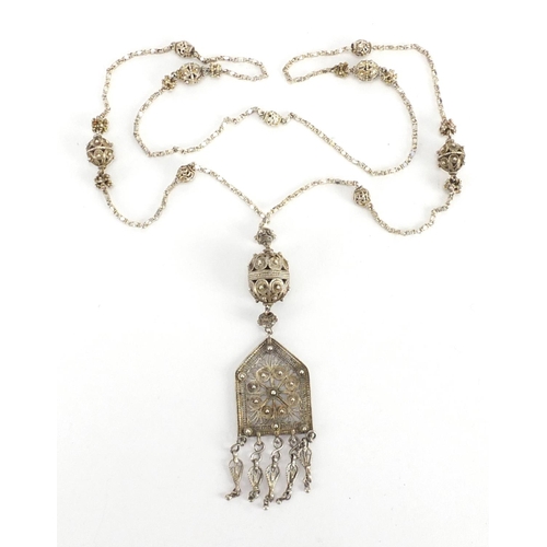 385 - Unmarked silver Filigree necklace, 80cm in length, approximate weight 44.2g