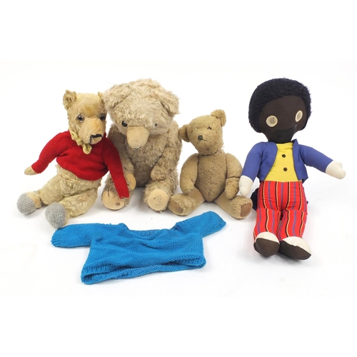 510 - Three vintage teddy bears and a Golly soft toy, the largest 55cm in length