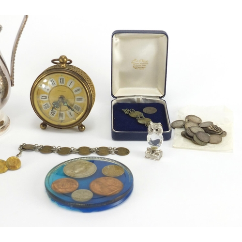 543 - Bag of object including silver three penny bits, Marksman alarm clock and silver plated items