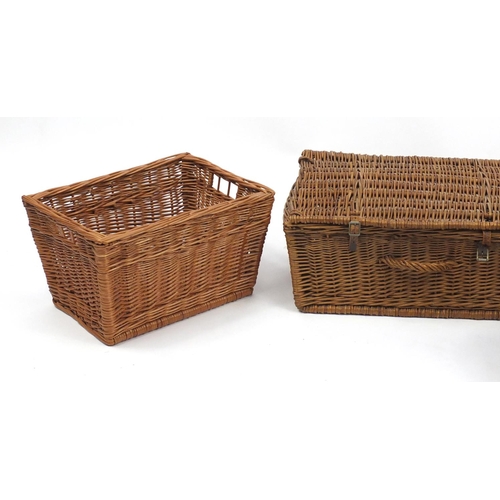 613 - Three vintage wicker baskets and a hamper