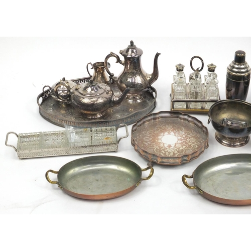 259 - Silver plated items including four piece tea service on tray, six bottle cruet and entrée dishes