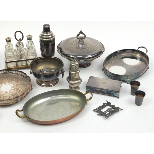 259 - Silver plated items including four piece tea service on tray, six bottle cruet and entrée dishes