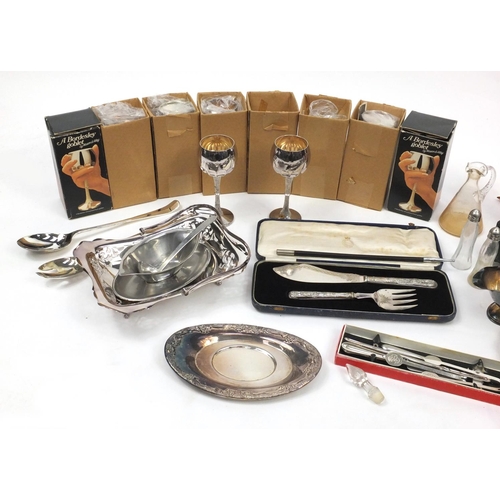 269 - Mostly silver plated items including salad servers, basket with swing handle, fish servers and a pai... 