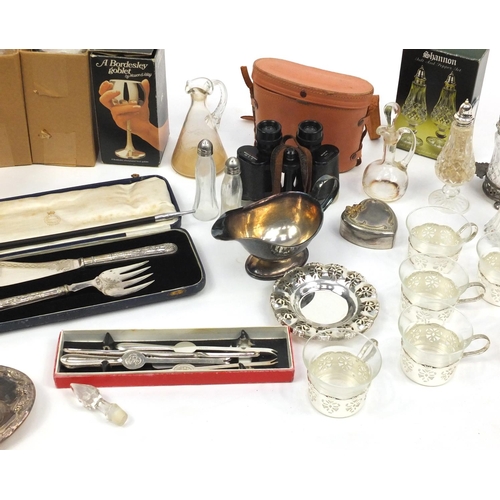 269 - Mostly silver plated items including salad servers, basket with swing handle, fish servers and a pai... 