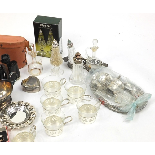 269 - Mostly silver plated items including salad servers, basket with swing handle, fish servers and a pai... 