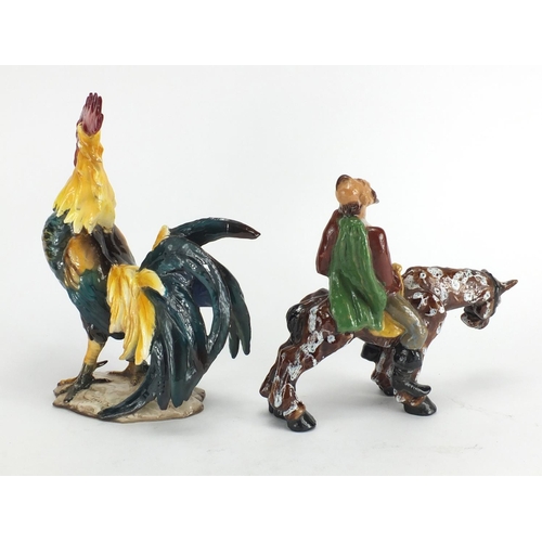 666 - Studio pottery figure of a horse and large cockerel, the largest 32cm high