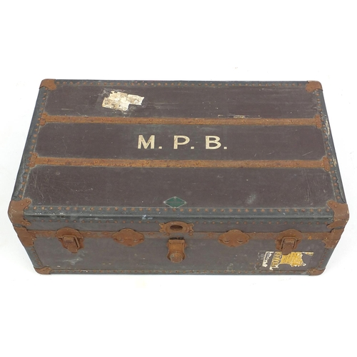 114 - Vintage metal bound travelling trunk, 35cm H x 91cm W x 53cm D