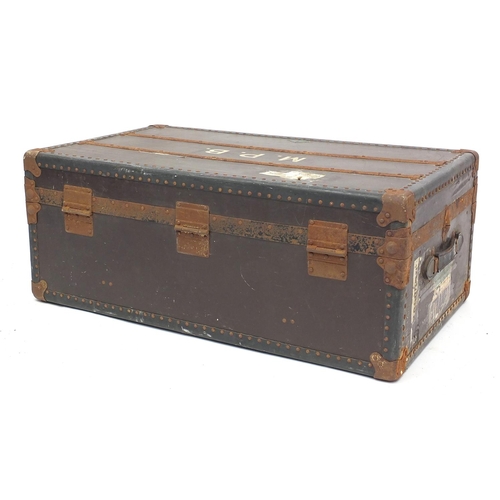 114 - Vintage metal bound travelling trunk, 35cm H x 91cm W x 53cm D