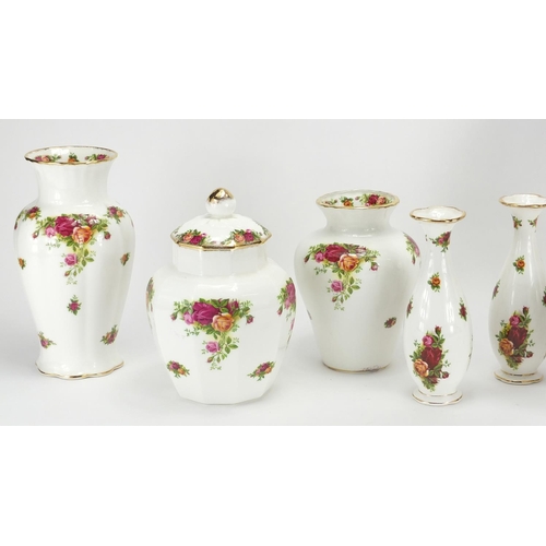 440 - Group of Royal Albert Old Country Rose vases and plates, the largest 22cm high