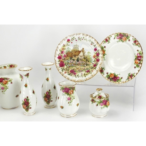 440 - Group of Royal Albert Old Country Rose vases and plates, the largest 22cm high