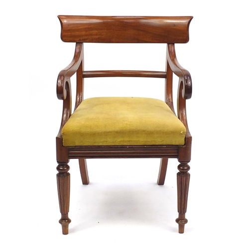 92 - Regencey open armchair with scroll arms and fluted legs, 85cm high