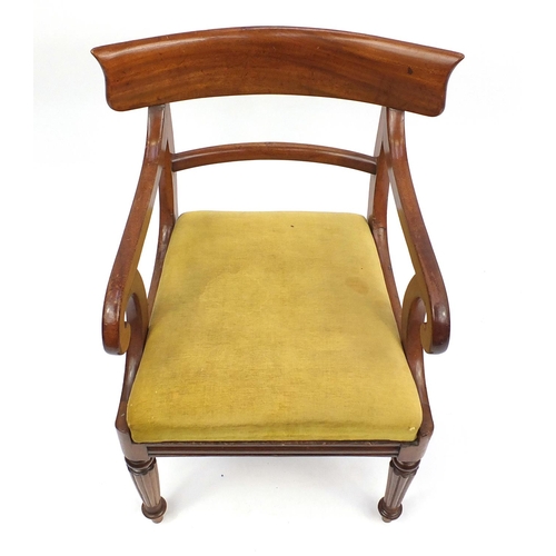 92 - Regencey open armchair with scroll arms and fluted legs, 85cm high