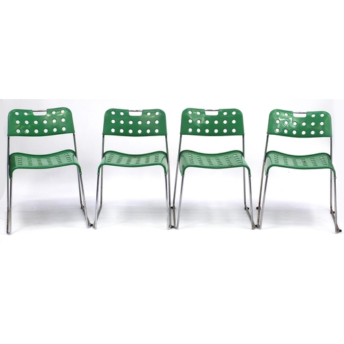 53 - Set of four vintage green enamel metal stacking chairs