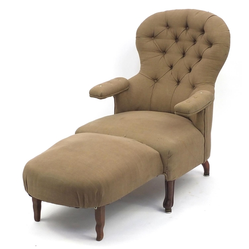 162 - French reclining armchair with pull out foot rest and brown button upholstery, 100cm high