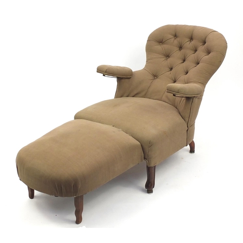 162 - French reclining armchair with pull out foot rest and brown button upholstery, 100cm high