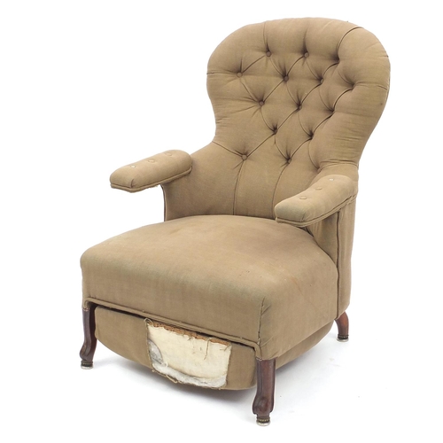 162 - French reclining armchair with pull out foot rest and brown button upholstery, 100cm high