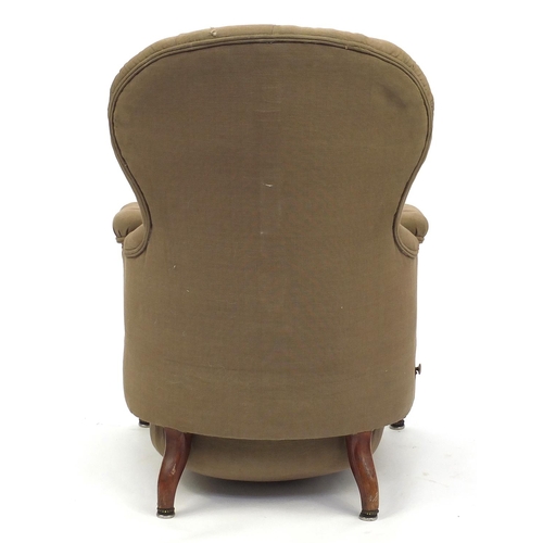 162 - French reclining armchair with pull out foot rest and brown button upholstery, 100cm high