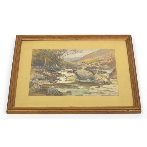 56 - Rocky river before a landscape, 19th century watercolour, mounted and framed