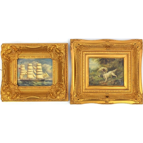 15 - Pair of decorative pictures of hunting dogs and a clipper, both with ornate gilt frames, each 24cm x... 