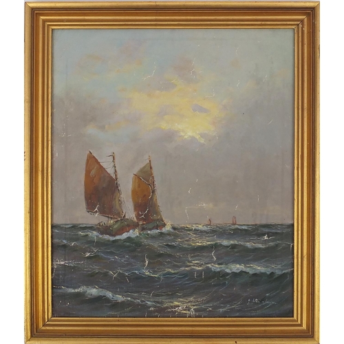 17 - Oil on board, ships on a stormy sea, bearing an indistinct signature, framed, 59cm x 49cm