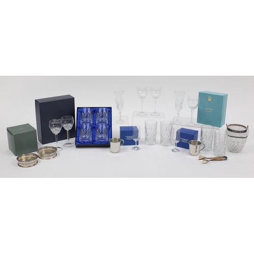 604 - Assorted cut glassware and crystal including boxed examples, pair of silver plated wine coasters and... 