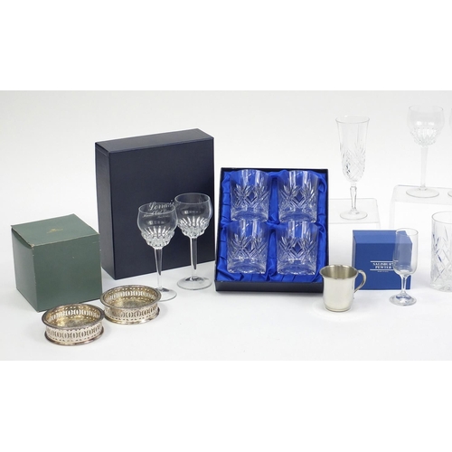 604 - Assorted cut glassware and crystal including boxed examples, pair of silver plated wine coasters and... 