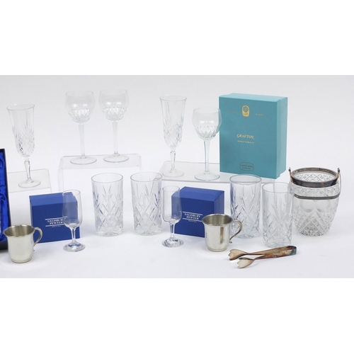 604 - Assorted cut glassware and crystal including boxed examples, pair of silver plated wine coasters and... 