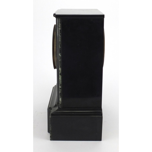 220 - Victorian black slate and marble mantel clock with enamelled dial and Roman numerals, 34cm high