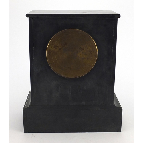 220 - Victorian black slate and marble mantel clock with enamelled dial and Roman numerals, 34cm high