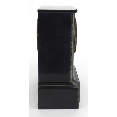 220 - Victorian black slate and marble mantel clock with enamelled dial and Roman numerals, 34cm high