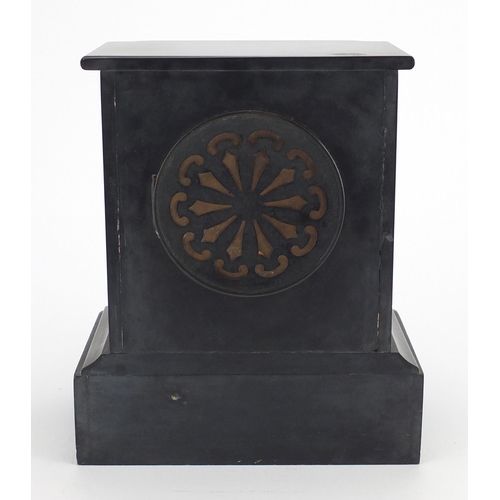 506 - Victorian black slate and marble mantel clock with enamel dial and Roman numerals, 25.5cm high