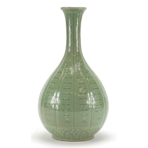 513 - Oriental celadon glazed vase, hand painted with flowers, 37cm high