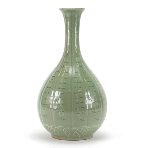 513 - Oriental celadon glazed vase, hand painted with flowers, 37cm high