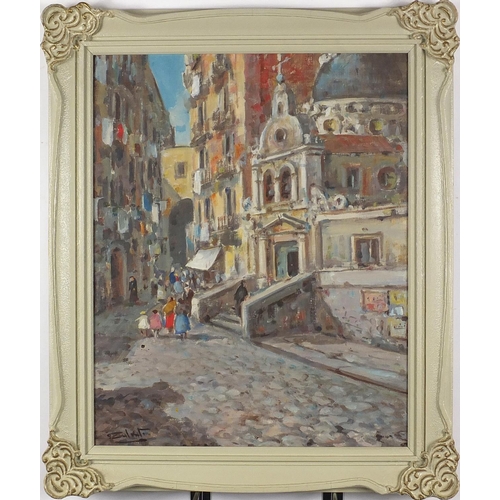 190 - Continental street scene, impressionist oil on board, bearing an indistinct signature, framed, 46.5c... 