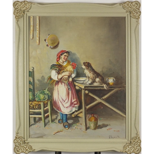 172 - Female in an interior holding a cockerel with her dog, continental school oil on board, bearing an i... 