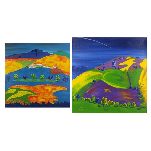 59 - Steve Godfrey - Psychedelic continental landscapes, two oil on canvases, both unframed, the largest ... 