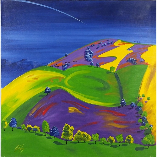59 - Steve Godfrey - Psychedelic continental landscapes, two oil on canvases, both unframed, the largest ... 
