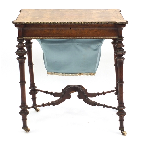 2006 - 19th century French walnut ormolu mounted work table, with quartered veneered and inlaid top opening... 
