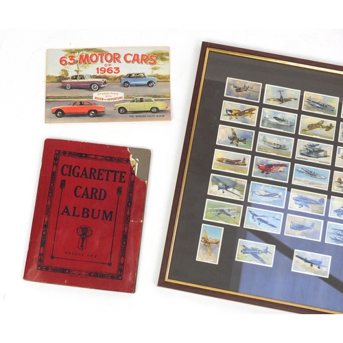 736 - Assorted cigarette cards including a glazed display of Military aeroplanes