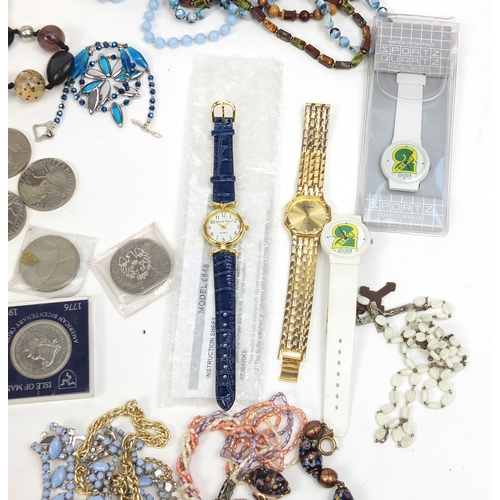 411 - Box of assorted costume jewellery including necklaces, as new wristwatches and bracelets, with a sel... 